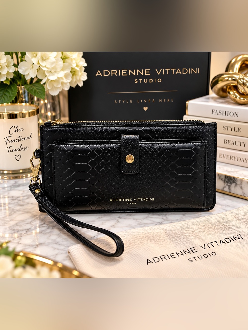 Adrienne Vittadini Studio Black Snake Embossed Wristlet Clutch Wallet